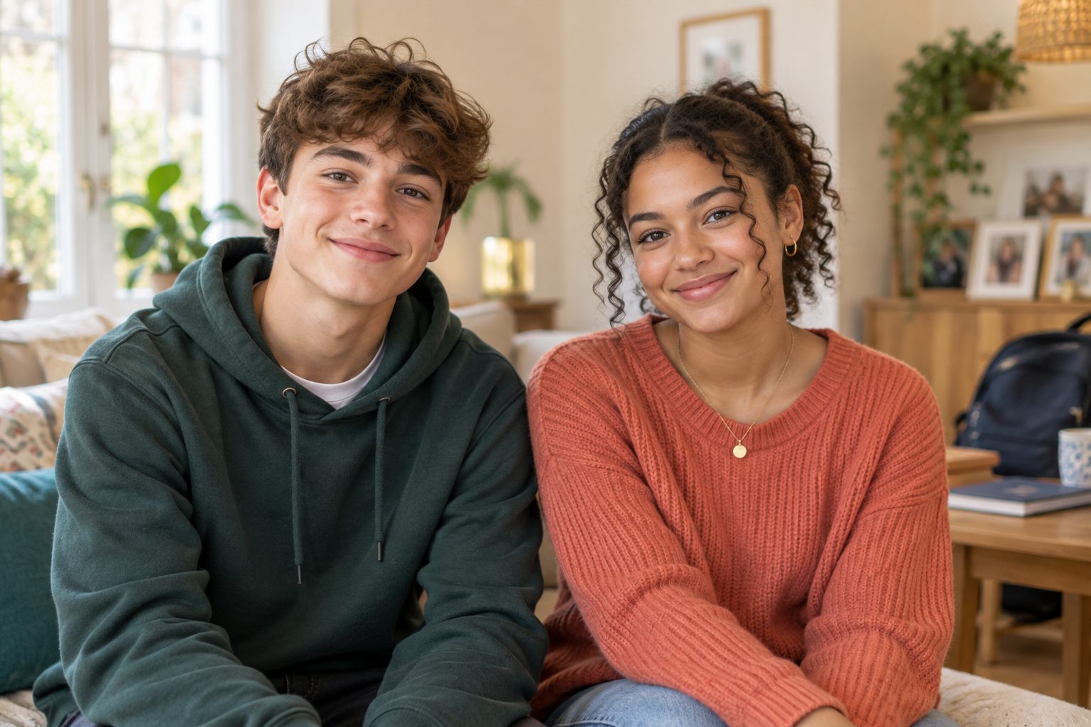 Two teenage babysitters sitting together on a sofa, smiling