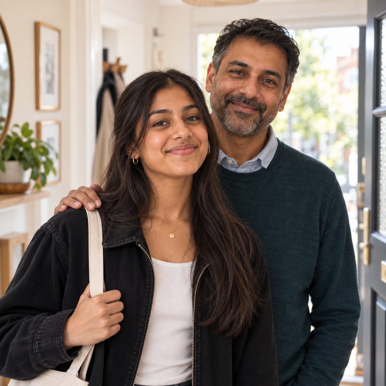 A teenage babysitter with her dad at the front door, his hand on her shoulder