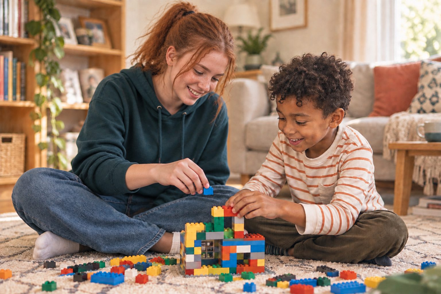 A teenage babysitter and a young boy building a house out of toy bricks on the living-room floor